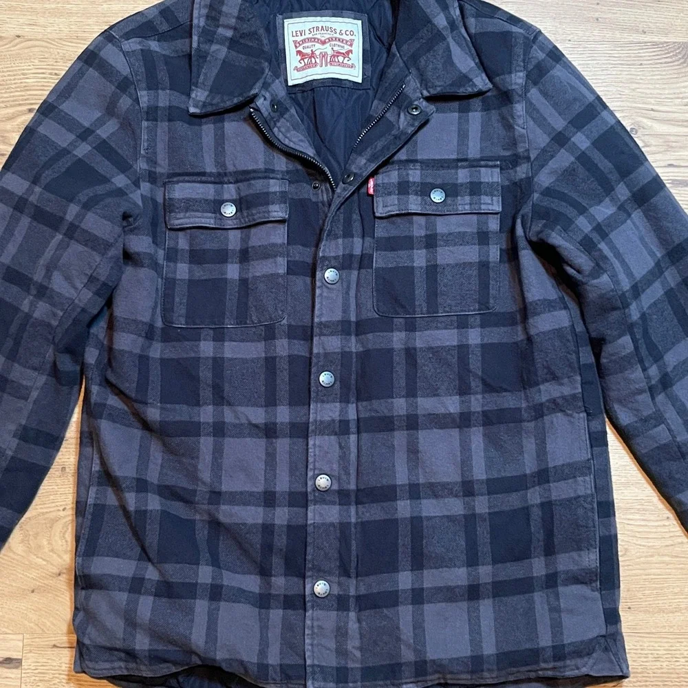 Levi's Quilted Shirt Jacket Mens Small Gray Plaid Shacket Flannel Coat Utility